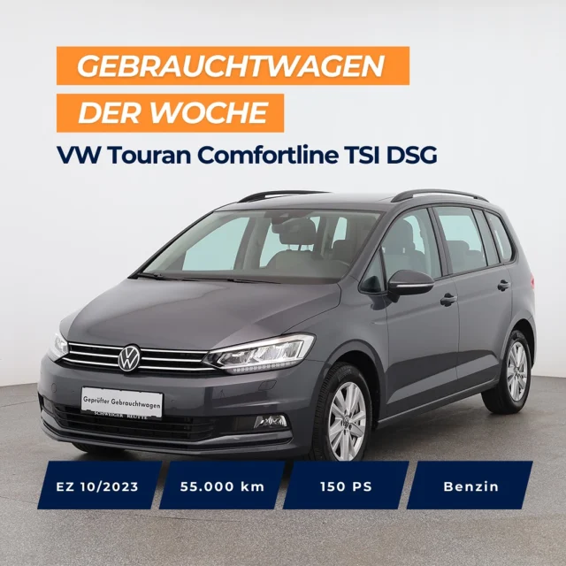 🚗 Gebrauchtwagen der Woche: VW Touran Comfortline TSI DSG

📅 EZ: 10/2023 | 55.000 km | 150 PS | Benzin | Frontantrieb | DSG 7-Gang

Top Ausstattung: 
✨ Digital Cockpit
✨ LED-Scheinwerfer mit Fernlichtassistent
✨ Navigationssystem
✨ Panorama-/Schiebedach
✨ Rückfahrkamera
✨ Schlüsselloses Schließ- und Startsystem
✨ Sitzheizung vorn
✨ Telefonschnittstelle mit induktiver Ladefunktion

🇦🇹 Preis: 32.490 €
🇩🇪 Preis: 29.490 €

Jetzt entdecken 👉 Link in Bio

*VW Touran Comfortline. Benzin, Automatikgetriebe, 150 PS, EZ: 10/2023, Verbrauch (komb.): 6,8 l/100 km, CO2-Ausstoß (komb.): 155 g/km, CO₂-Klasse: E

#gebrauchtwagen #vwtouran #volkswagen #autohausschweiger