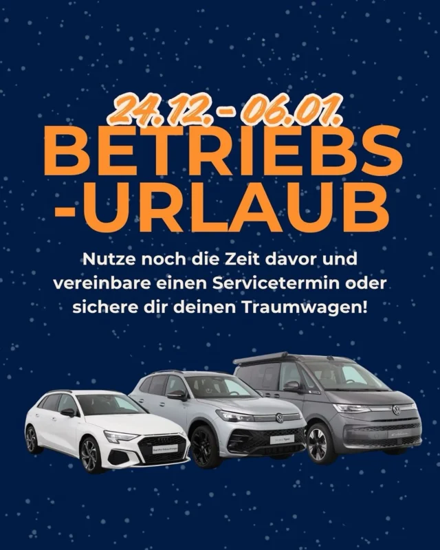 Die Feiertage rücken näher 🎄 – und auch wir machen eine kurze Pause: 🗓 Vom 24.12. bis 06.01. sind wir im Betriebsurlaub.

👉 Deshalb: Jetzt noch schnell Servicetermin sichern oder Traumwagen finden – vielleicht sogar als ganz besonderes Weihnachtsgeschenk unter dem Baum 🎁🚗

Wir freuen uns, euch bis dahin noch persönlich im Autohaus zu sehen! ✨

#autohausschweiger #thebullishow #vw #audi